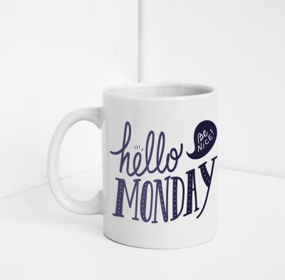 ECFAK Happy Monday Printed White Motivational Ceramic Coffee Mug(325 ml)