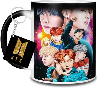 DojaBeauty BTS Printed Magic & Keychain For Friends & Loved Ones-DB-MM-SK03 Ceramic Coffee Mug(350 ml, Pack of 2)