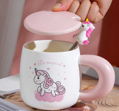 miRim Unicorn Printed Ceramic mug with lid & Unicorn Spoon (pack of 1) Ceramic Coffee Mug(400 ml)