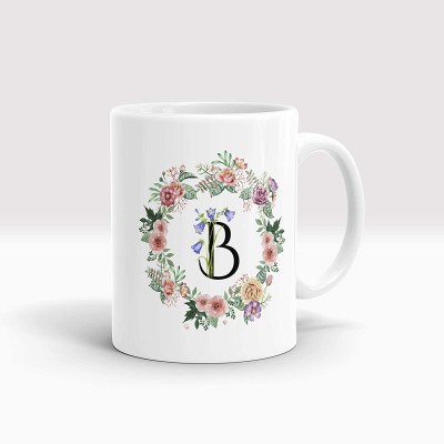 bhumiyaan Letter B Flower Alphabet Coffee Ceramic Coffee (350 ml) Ceramic Coffee Mug(325 ml)