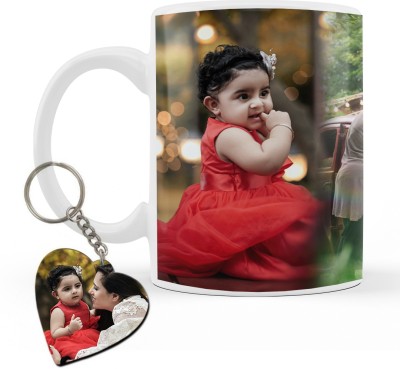 THE HATKE STORE Photo & Text Printed Cup For Birthday Anniversary Photo cup With Keychain P13 Ceramic Coffee Mug(350 ml, Pack of 2)