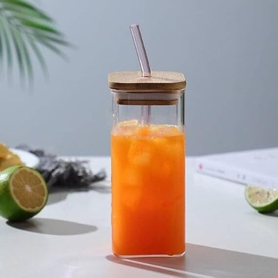 GREATZON Square Glass Mason Sipper Jar with Airtight Wooden Lid and Straw Glass Mason Jar(410 ml)