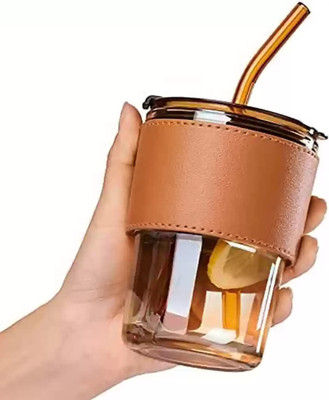 PERIZONE Leather Grip Coffee Cup Sipper Glass with Straw for Hot and Cold Beverages Glass Tumbler(350 ml)