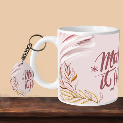 VM SHOPPING MALL Make It Happen L-O Ceramic Coffee Mug(330 ml, Pack of 2)