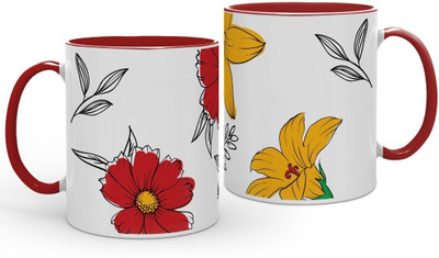 Indigifts Coffee for Office, Red Handle Printed Set of 2_I-MIHCRRD02RO11-GENI22014 Ceramic Coffee Mug(325 ml, Pack of 2)