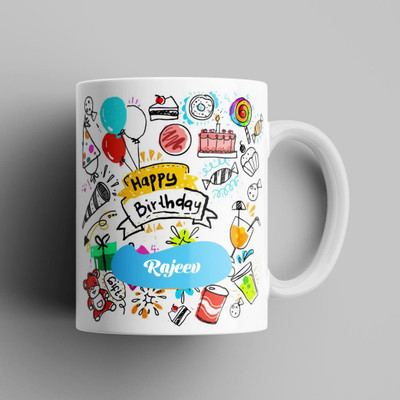 Beautum Happy Birthday Rajeev Name Model No:DOD002672 White Ceramic Coffee Mug(350 ml)