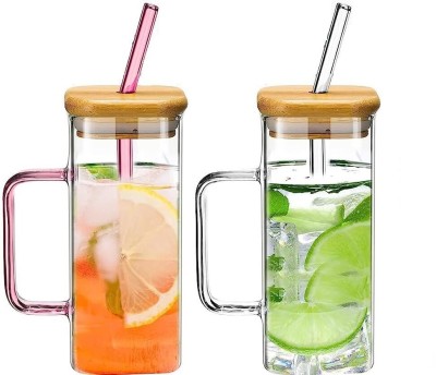 jay gatrad seller Glasses Sipper with Plastic Lids and Glass Straws for Hot & Cold Drinks Glass Tumbler(410 ml, Pack of 2)