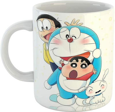Cheeksy Doraemon and Shinchan with Nobita and Shiro Coffee designed by made for kids Ceramic Coffee Mug(350 ml)