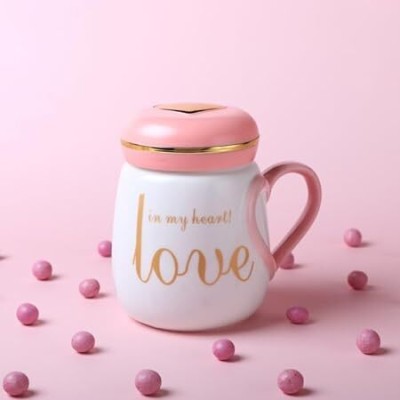 miRim Ceramic Heart Shape Handle Tea/Coffee mug, Lovely mug with Lid Ceramic Coffee Mug(400 ml)