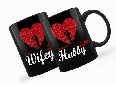 iMPACTGift Cute Wifey & Handsome Hubby Solid Black Printed mug For Couples Husband Wife Ceramic Coffee Mug(330 ml, Pack of 2)