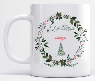 LOROFY Name Hadiya Printed Christmas Design White Ceramic Coffee Mug(350 ml)