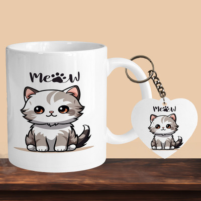 VM SHOPPING MALL Meow Cat R-H Ceramic Coffee Mug(330 ml, Pack of 2)