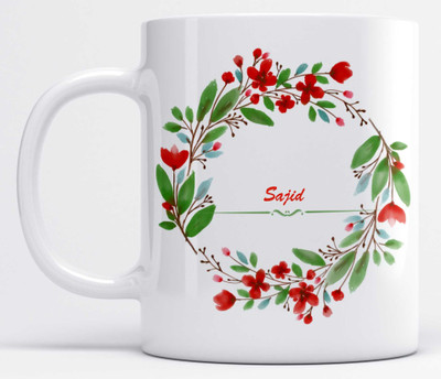 LOROFY Name Sajid Printed Red Floral Design White Ceramic Coffee Mug(350 ml)