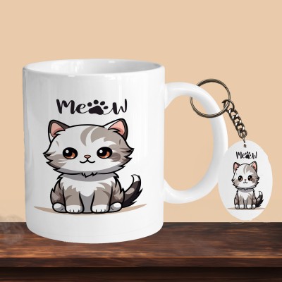 VM SHOPPING MALL Meow Cat R-O Ceramic Coffee Mug(330 ml, Pack of 2)