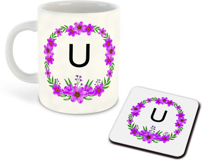 whats your kick U Name Alphabet Floral Printed White Coffee Cup With Coaster - D21 Ceramic Coffee Mug(325 ml)