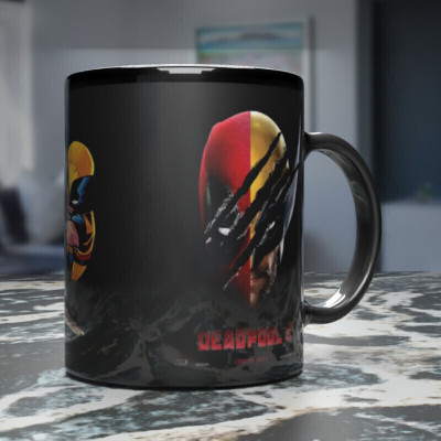 Saifihaan Creation Deadpool & Wolverine Theme Black Ceramic Sublimation Printed Black Patch D-4 Ceramic Coffee Mug(350 ml)