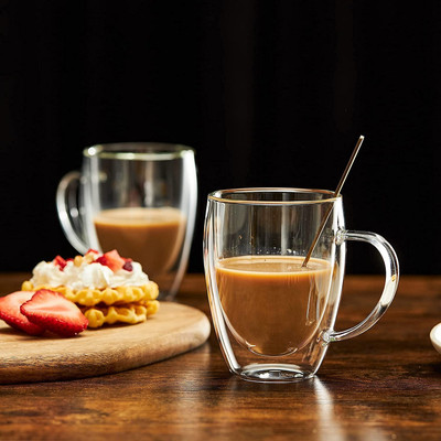 zelovi Double Wall Insulated Glass Coffees with Handle Everyday Drinking Cups Glass Coffee Mug(350 ml, Pack of 2)