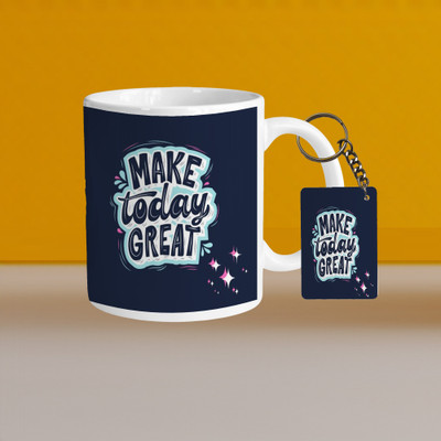 VM SHOPPING MALL 330ml Ceramic White Coffee - make today great - WithRectangle Keychain Ceramic Coffee Mug(330 ml, Pack of 2)