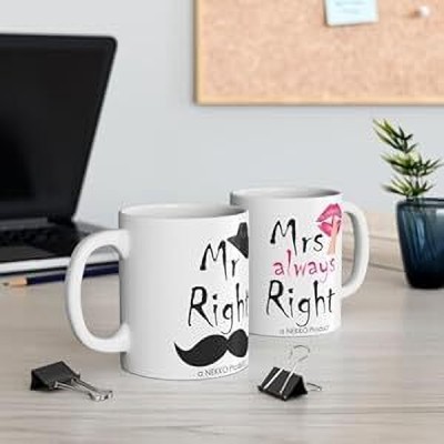 Nekko Mr Right & Mrs Always Right Printed Ceramics Combo Set Gift For Anniversary Ceramic Coffee Mug(325 ml, Pack of 2)