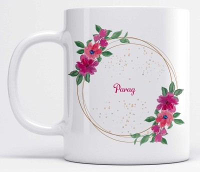 LOROFY Name Parag Printed Pink & Green Floral Design White Ceramic Coffee Mug(350 ml)