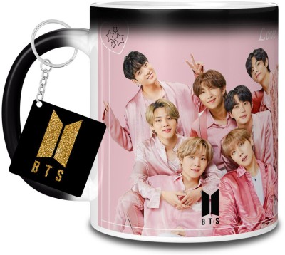 TrendoPrint BTS Printed Magic & Keychain For Girls Boys Friends & Loved Ones-MM-SK05 Ceramic Coffee Mug(350 ml, Pack of 2)