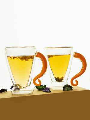 borotech Borosilicate Double-Walled Glass Cups with Curved Handle Design for Coffee, Tea Glass Coffee Mug(180 ml, Pack of 2)