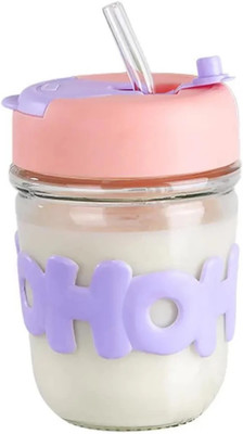 JYOTCREATION Tulip Glass Coffee Tumbler with Lid,Sleeve and Straw Drinking for Juice Smoothie Glass Coffee Mug(400 ml)