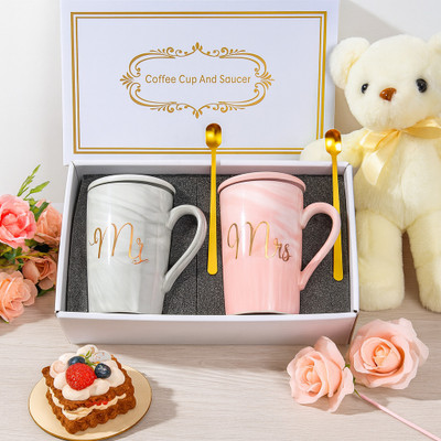 b7 Creations Ceramic Marble Finish Coffee With Lid- Spoon For Anniversary Valentinean Ceramic Coffee Mug(380 ml, Pack of 2)