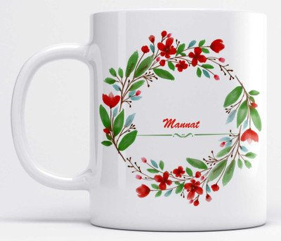 LOROFY Name Mannat Printed Red Floral Design White Ceramic Coffee Mug(350 ml)