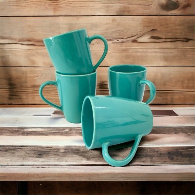 DVDecor Large Ceramic Cups - Glossy Teal Colour - Dishwasher and Microwave Safe - Ceramic Coffee Mug(350 ml, Pack of 4)