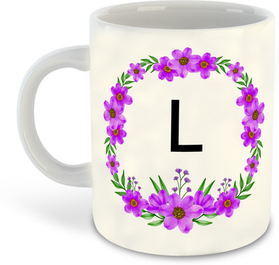 whats your kick L Name Alphabet Floral Printed White Coffee Cup - D12 Ceramic Coffee Mug(325 ml)