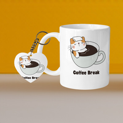 VM SHOPPING MALL Perfect for Coffee and Tea - With Keychain VM Relax Coffee Break L H Ceramic Coffee Mug(330 ml, Pack of 2)