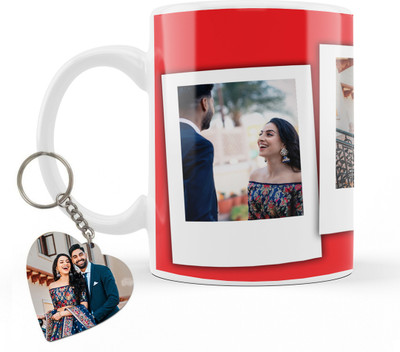 THE HATKE STORE Photo & Text Printed Cup For Anniversary, Happy Anniversary Cup + Keychain P12 Ceramic Coffee Mug(350 ml, Pack of 2)