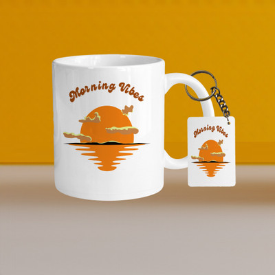 VM SHOPPING MALL Premium 330ml Ceramic White Coffee - morning vibes- With Rectangle Keychain Ceramic Coffee Mug(330 ml, Pack of 2)