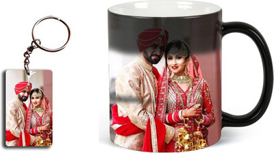 Friendskart Personalized Photo and Text Ceramic / Cup For Birthday , Anniversary Gift Magic + KEYCHAIN Ceramic Coffee Mug(330 ml, Pack of 2)