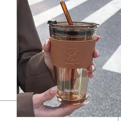 fielrop Coffee Cup Sipper Glass with Straw with Straw Coffee Cup with lid Glass Coffee Mug(400 ml)