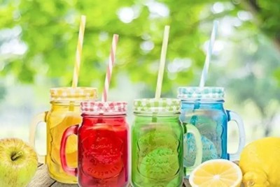 BUY SURETY Mug with Lid and Straw Ice Cream Fruit Cold Water Jars Cold Coffee Juice Cup Glass Mason Jar(400 ml, Pack of 4)