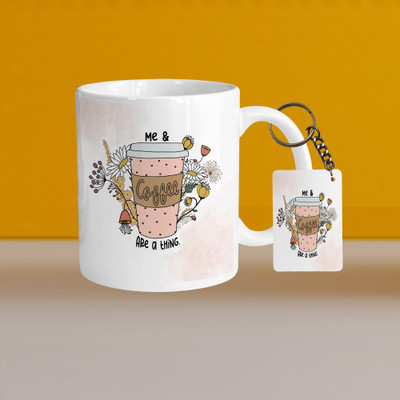 VM SHOPPING MALL 330ml Ceramic White Coffee-me & coffee are a thing-With Rectangle Keychain Ceramic Coffee Mug(330 ml, Pack of 2)