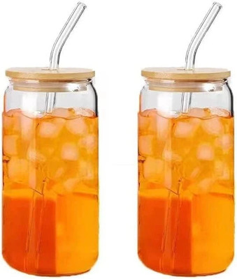 Convoke Wooden Lid Mojito Tea Glass Can with Straw Glass Coffee Glass Coffee Glass Coffee Mug(540 ml, Pack of 2)