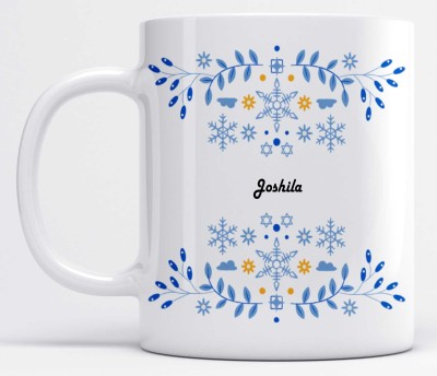 LOROFY Name Joshila Printed Beautiful Blue Floral Design White Ceramic Coffee Mug(350 ml)