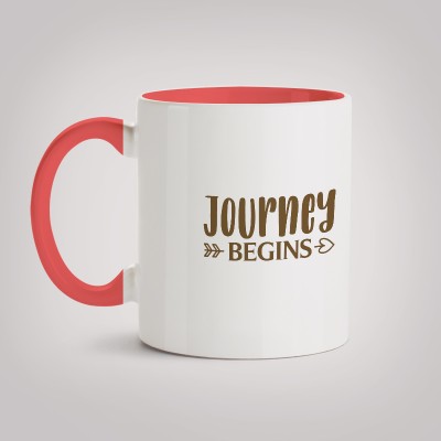 MOTIVATE BOX Ceramic Red Inner Colour Coffee printed design Journey Begins Ceramic Coffee Mug(330 ml)