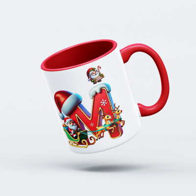 V Kraft Christmas theme red inner color Alphabet coffee mug for Xmas & New Year | M | Ceramic Coffee Mug(330 ml)