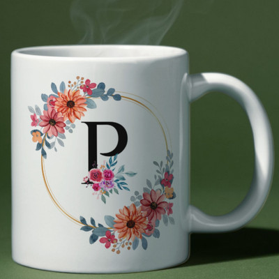 Valenza Gifts Birthday Gift, 'P' Alphabate and KeyChain , Gift For Brother, Sister, Friend Ceramic Coffee Mug(350 ml, Pack of 2)