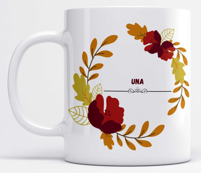LOROFY Name UNA Printed Maroon & Yellow Flower Design White Ceramic Coffee Mug(350 ml)