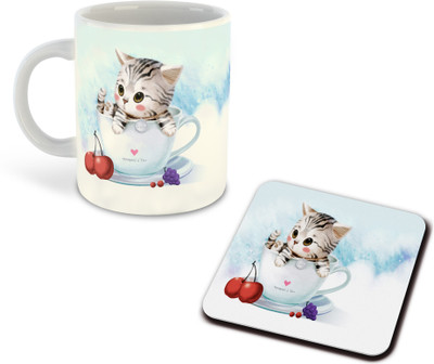 FLEXERSTYLE NEW2025-CSK Cat Lover White Ceramic Coffee With Coaster -D9 Ceramic Coffee Mug(325 ml)