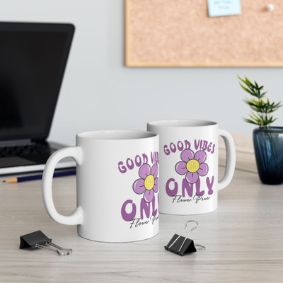 Giftspedia GOOD VIBES ONLY FLOWER PRINTED CERMIC COOFFEE MUG 350ML Ceramic Coffee Mug(350 ml)