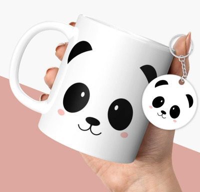 Rashish Adorable Panda Printed mug & Keychain Combo Ceramic Coffee Mug(350 ml, Pack of 2)