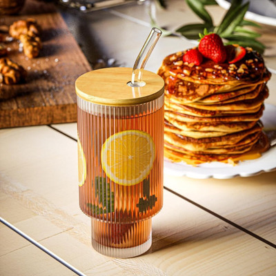 shgenterprise Ribbed Drinking Glasses Tumbler with Bamboo Lids and Straws Glass, Wood Mason Jar(400 ml)