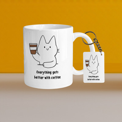 VM SHOPPING MALL 330ml Ceramic White Coffee- gets better with coffee-WithRectangle Keychain Ceramic Coffee Mug(330 ml, Pack of 2)