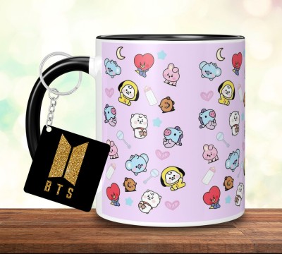 TrendoPrint BTS Printed 3 Black Tone Coffee & Keychain For Friends & Loved One-3BTM-SK14 Ceramic Coffee Mug(350 ml, Pack of 2)